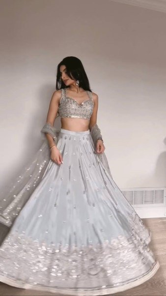 Exceptional Grey Japan Satin Lehenga with Designer Blouse Work for Wedding Wear Bollywood Lehenga Choli