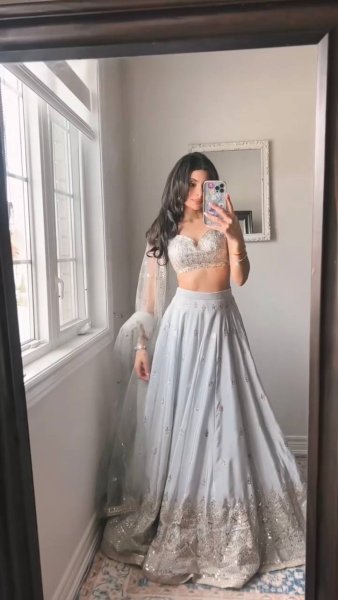 Exceptional Grey Japan Satin Lehenga with Designer Blouse Work for Wedding Wear Bollywood Lehenga Choli