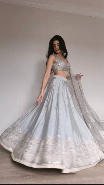 Exceptional Grey Japan Satin Lehenga with Designer Blouse Work for Wedding Wear Bollywood Lehenga Choli