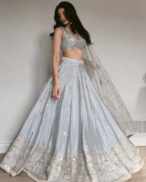 Exceptional Grey Japan Satin Lehenga with Designer Blouse Work for Wedding Wear Bollywood Lehenga Choli