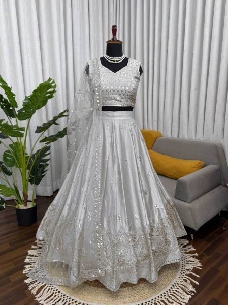 Exceptional Grey Japan Satin Lehenga with Designer Blouse Work for Wedding Wear Bollywood Lehenga Choli