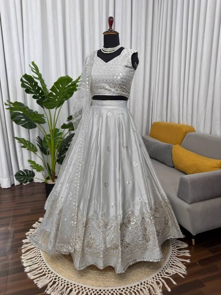 Exceptional Grey Japan Satin Lehenga with Designer Blouse Work for Wedding Wear Bollywood Lehenga Choli