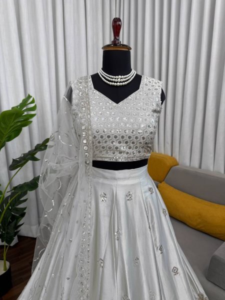 Exceptional Grey Japan Satin Lehenga with Designer Blouse Work for Wedding Wear Bollywood Lehenga Choli