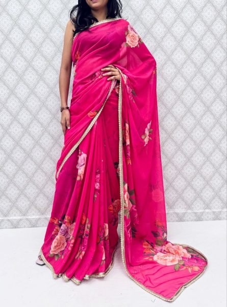 Exceptional Hot Pink Georgette Floral Printed Saree with Border for Party Wear Printed Cotton Sarees Wholesale