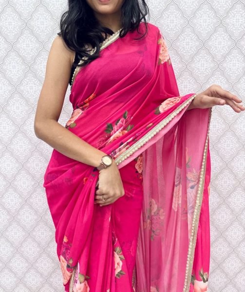 Exceptional Hot Pink Georgette Floral Printed Saree with Border for Party Wear Printed Cotton Sarees Wholesale