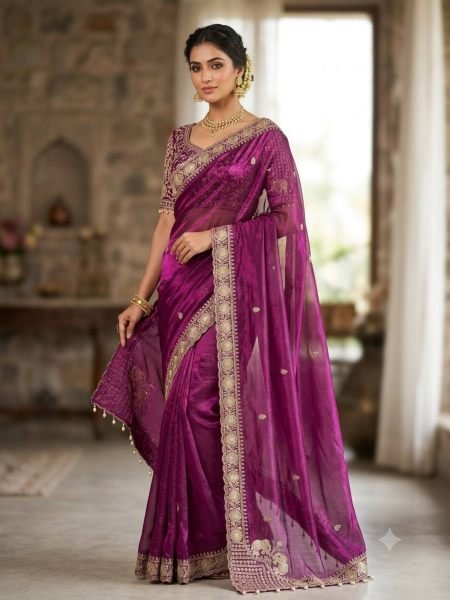 Exceptional Magenta Fendy Satin Saree with Embroidered Pallu and Real Mirror Work Blouse 