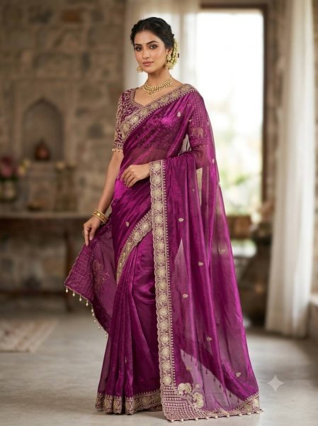 Exceptional Magenta Fendy Satin Saree with Embroidered Pallu and Real Mirror Work Blouse Designer Wedding Sarees Wholesale