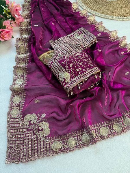 Exceptional Magenta Fendy Satin Saree with Embroidered Pallu and Real Mirror Work Blouse Designer Wedding Sarees Wholesale