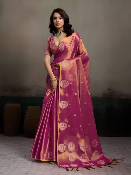 Exceptional Magenta Zari Tissue Silk Party Wear Saree with Matching Blouse at Wholesale Rate Sarees 