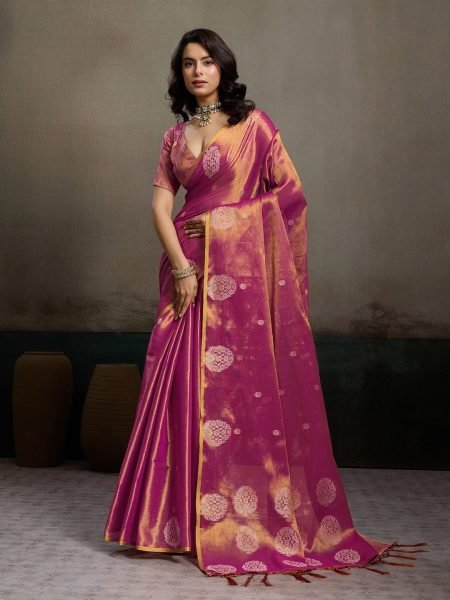 Exceptional Magenta Zari Tissue Silk Party Wear Saree with Matching Blouse at Wholesale Rate Silk Sarees Wholesale