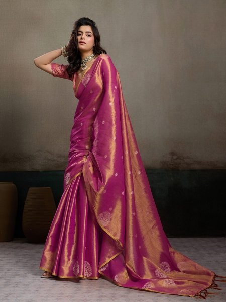 Exceptional Magenta Zari Tissue Silk Party Wear Saree with Matching Blouse at Wholesale Rate Silk Sarees Wholesale