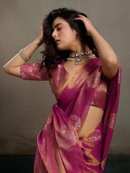 Exceptional Magenta Zari Tissue Silk Party Wear Saree with Matching Blouse at Wholesale Rate Silk Sarees Wholesale