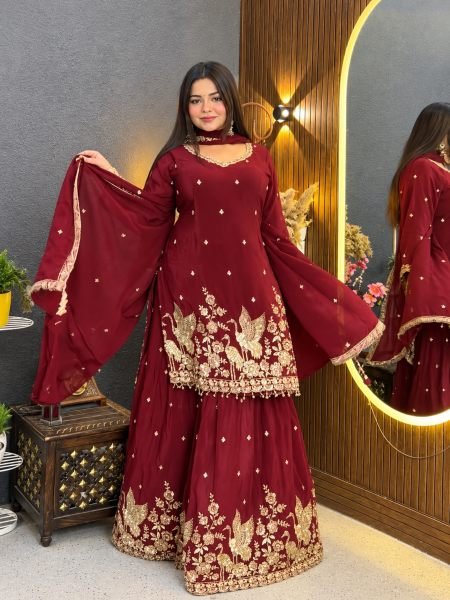 Exceptional Maroon Fully Stitched Chinon Silk Top Palazzo Suit with Fancy Dupatta 