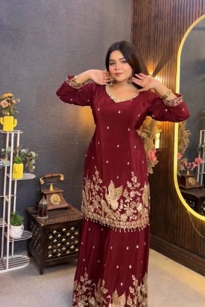 Exceptional Maroon Fully Stitched Chinon Silk Top Palazzo Suit with Fancy Dupatta Ready To Wear Collection