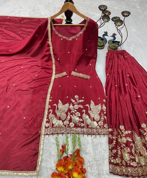 Exceptional Maroon Fully Stitched Chinon Silk Top Palazzo Suit with Fancy Dupatta Ready To Wear Collection