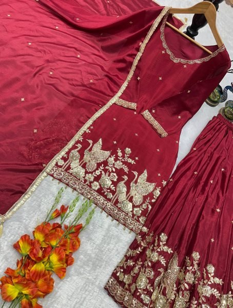 Exceptional Maroon Fully Stitched Chinon Silk Top Palazzo Suit with Fancy Dupatta Ready To Wear Collection