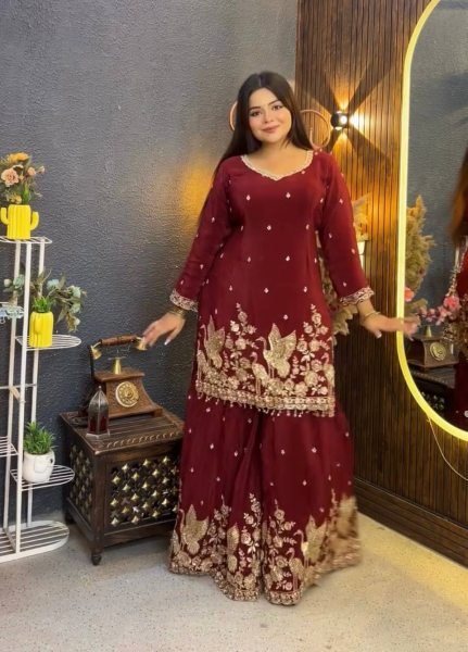 Exceptional Maroon Fully Stitched Chinon Silk Top Palazzo Suit with Fancy Dupatta Ready To Wear Collection
