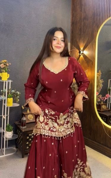 Exceptional Maroon Fully Stitched Chinon Silk Top Palazzo Suit with Fancy Dupatta Ready To Wear Collection