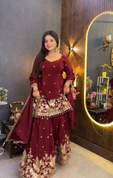 Exceptional Maroon Fully Stitched Chinon Silk Top Palazzo Suit with Fancy Dupatta Ready To Wear Collection