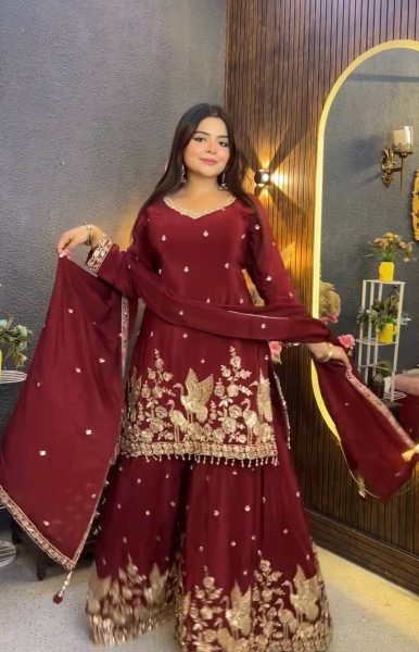 Exceptional Maroon Fully Stitched Chinon Silk Top Palazzo Suit with Fancy Dupatta Ready To Wear Collection