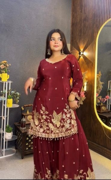 Exceptional Maroon Fully Stitched Chinon Silk Top Palazzo Suit with Fancy Dupatta Ready To Wear Collection