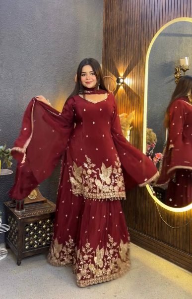 Exceptional Maroon Fully Stitched Chinon Silk Top Palazzo Suit with Fancy Dupatta Ready To Wear Collection