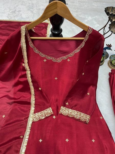 Exceptional Maroon Fully Stitched Chinon Silk Top Palazzo Suit with Fancy Dupatta Ready To Wear Collection