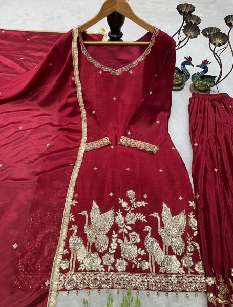 Exceptional Maroon Fully Stitched Chinon Silk Top Palazzo Suit with Fancy Dupatta Ready To Wear Collection