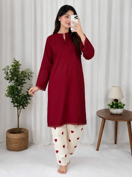 Exceptional Maroon Heavy Rayon Cotton Kurti Palazzo Set with Embroidery Work Kurtis