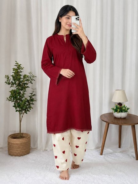 Exceptional Maroon Heavy Rayon Cotton Kurti Palazzo Set with Embroidery Work CO ORD Sets