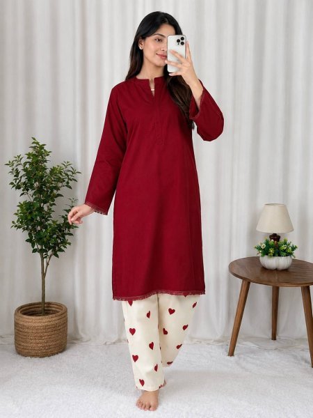 Exceptional Maroon Heavy Rayon Cotton Kurti Palazzo Set with Embroidery Work CO ORD Sets