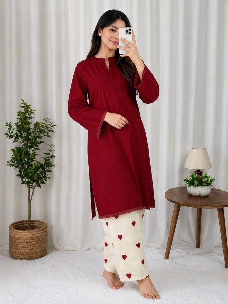 Exceptional Maroon Heavy Rayon Cotton Kurti Palazzo Set with Embroidery Work CO ORD Sets