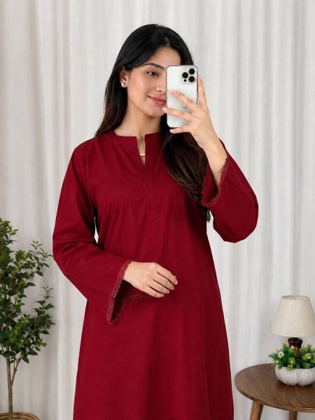 Exceptional Maroon Heavy Rayon Cotton Kurti Palazzo Set with Embroidery Work CO ORD Sets
