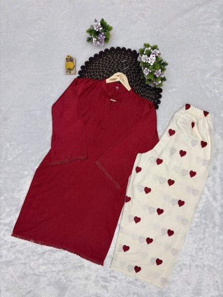 Exceptional Maroon Heavy Rayon Cotton Kurti Palazzo Set with Embroidery Work CO ORD Sets
