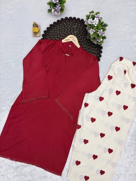Exceptional Maroon Heavy Rayon Cotton Kurti Palazzo Set with Embroidery Work CO ORD Sets