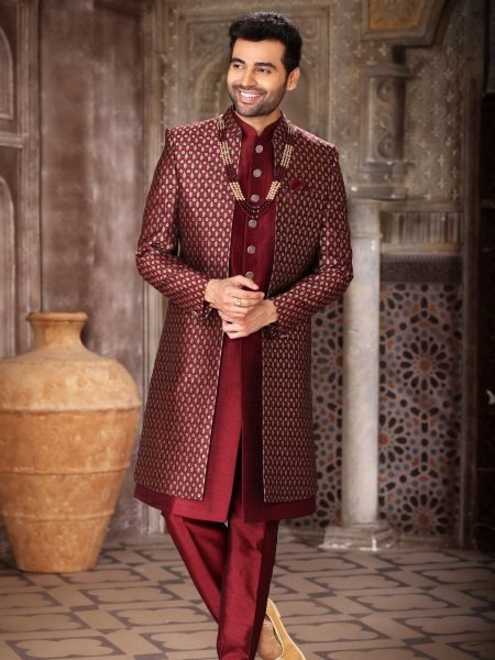 Exceptional Maroon Premium Jacket Kurta Set for Men with Aligarhi Bottom Mens Wear