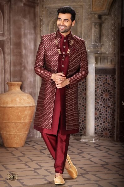 Exceptional Maroon Premium Jacket Kurta Set for Men with Aligarhi Bottom Kurta Pajama Wholesale
