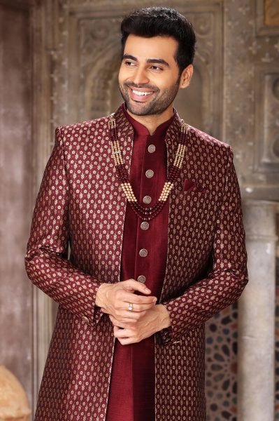 Exceptional Maroon Premium Jacket Kurta Set for Men with Aligarhi Bottom Kurta Pajama Wholesale