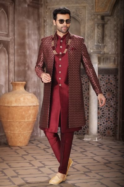 Exceptional Maroon Premium Jacket Kurta Set for Men with Aligarhi Bottom Kurta Pajama Wholesale