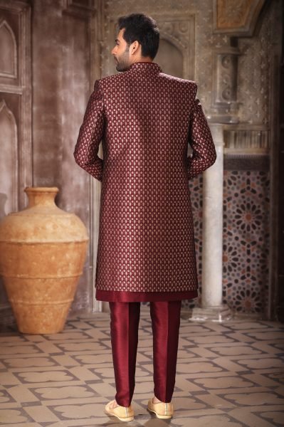 Exceptional Maroon Premium Jacket Kurta Set for Men with Aligarhi Bottom Kurta Pajama Wholesale