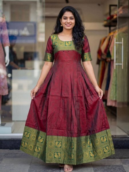 Exceptional Maroon Traditional Silk Gown with Dori Back Design for Women Anarkali Kurtis 