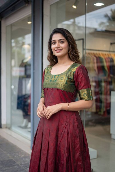 Exceptional Maroon Traditional Silk Gown with Dori Back Design for Women Anarkali Kurtis 