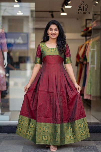 Exceptional Maroon Traditional Silk Gown with Dori Back Design for Women Anarkali Kurtis 