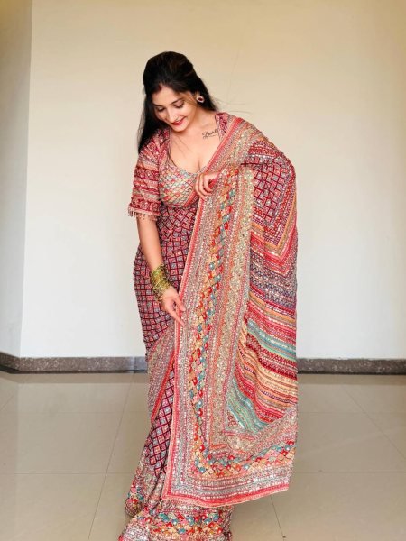 Exceptional Multi Color Chinon Saree with Real Mirror and Zari Work for Wedding Wear  Designer Wedding Sarees Wholesale