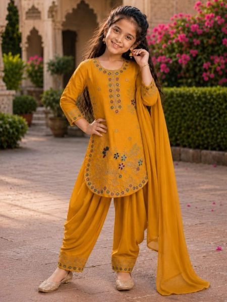 Exceptional Mustard Yellow Party Wear Kids Vichitra Suit with Heavy Embroidery and Dupatta Kurtis
