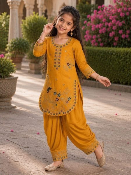 Exceptional Mustard Yellow Party Wear Kids Vichitra Suit with Heavy Embroidery and Dupatta Girls Wear