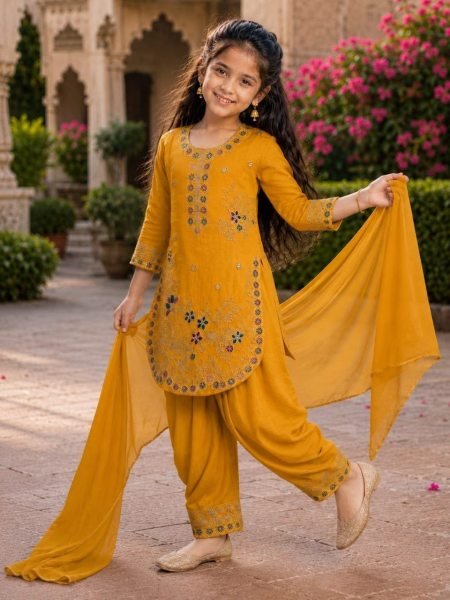 Exceptional Mustard Yellow Party Wear Kids Vichitra Suit with Heavy Embroidery and Dupatta Girls Wear