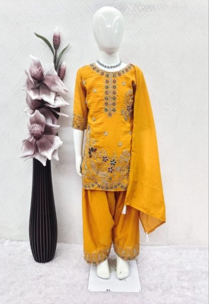 Exceptional Mustard Yellow Party Wear Kids Vichitra Suit with Heavy Embroidery and Dupatta Girls Wear
