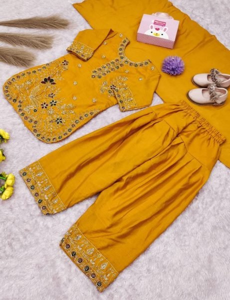 Exceptional Mustard Yellow Party Wear Kids Vichitra Suit with Heavy Embroidery and Dupatta Girls Wear