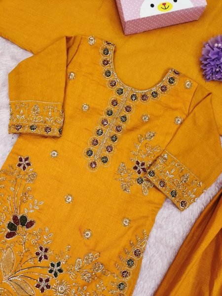 Exceptional Mustard Yellow Party Wear Kids Vichitra Suit with Heavy Embroidery and Dupatta Girls Wear